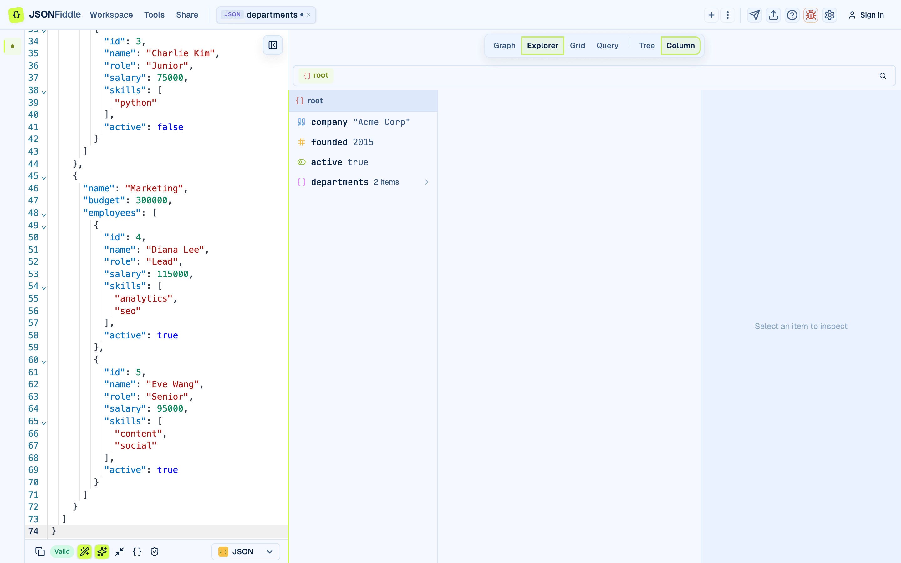 Explorer view in JSONFiddle