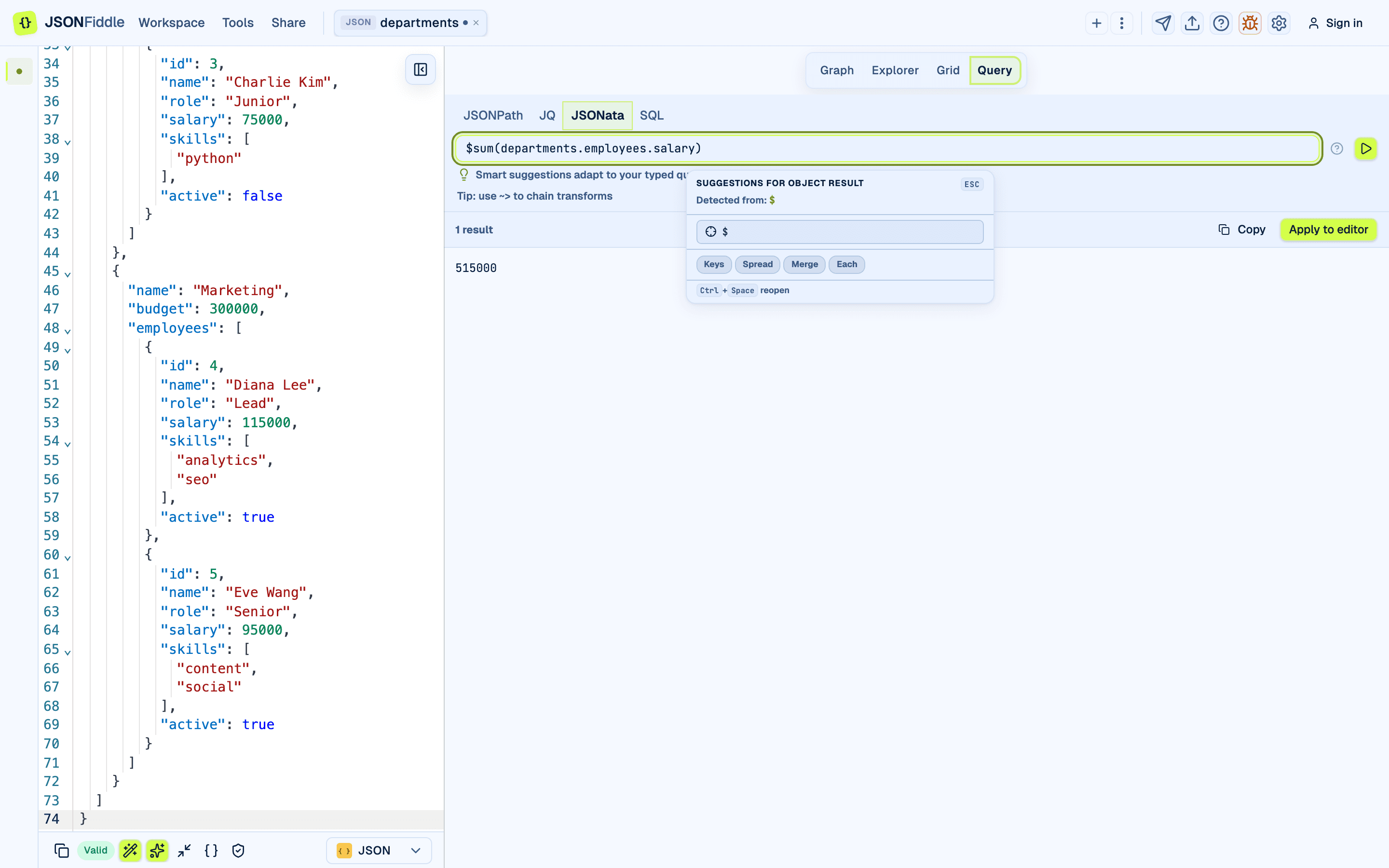 Query view in JSONFiddle