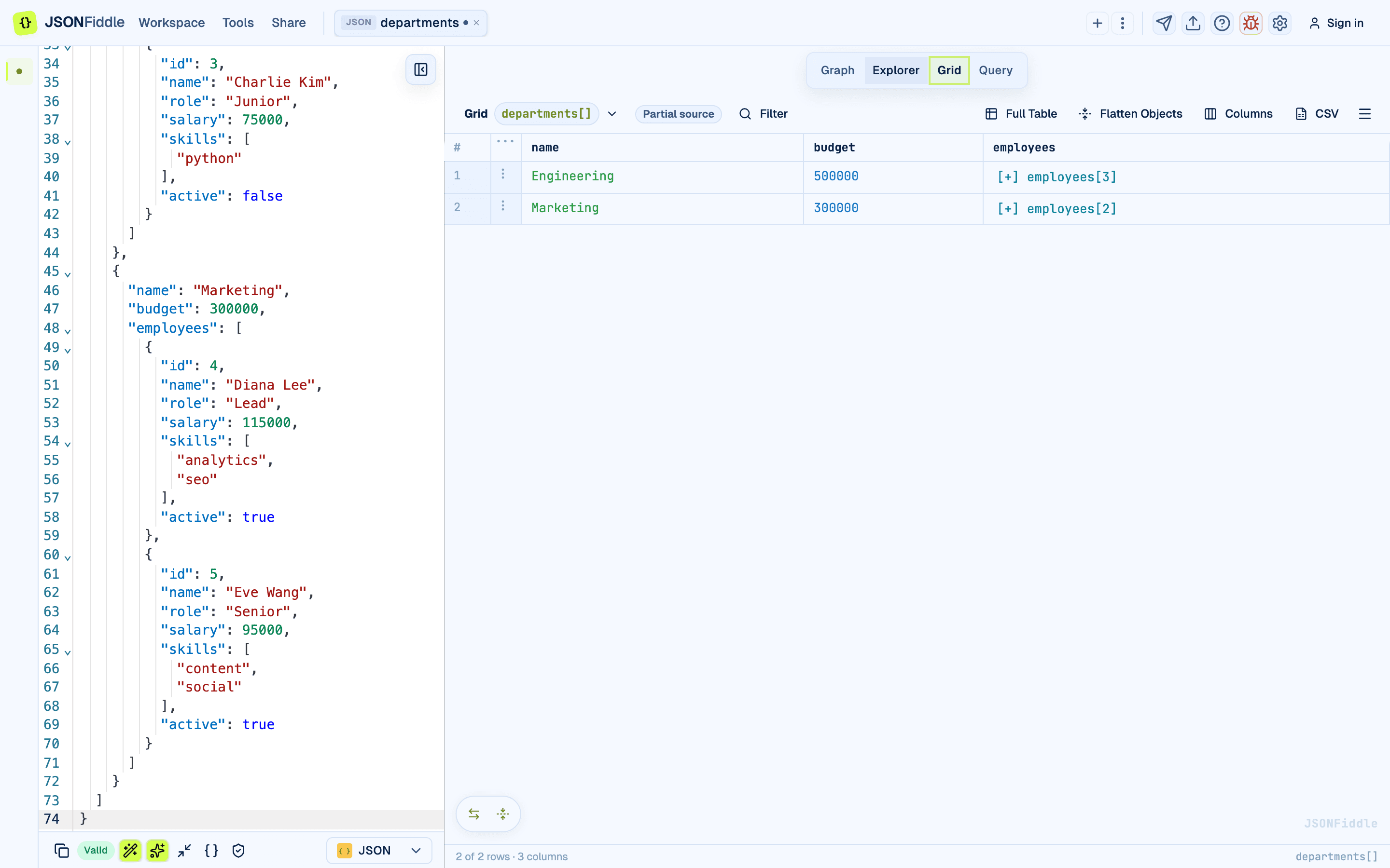 Grid view in JSONFiddle